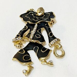 Articulated Harlequin Clown Brooch Pin Black with Goldtone Trim Crystals